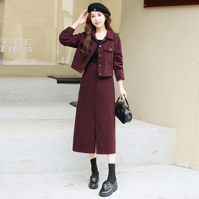 复古时尚牛仔套装裙女2025新款短外套高腰开叉半身裙子两件套