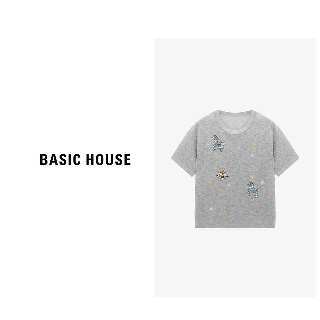 Basic House/百家好夏季纯欲慵懒风女刺绣设计针织衫-B0625B5DUL2