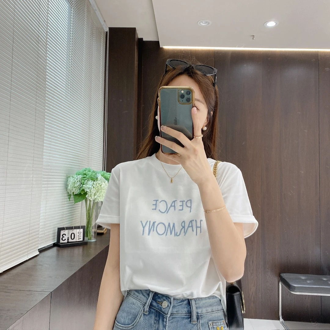 IMFLY金小金自制女装 T恤DYW8861欧若风春款休闲刺绣圆领短袖上衣