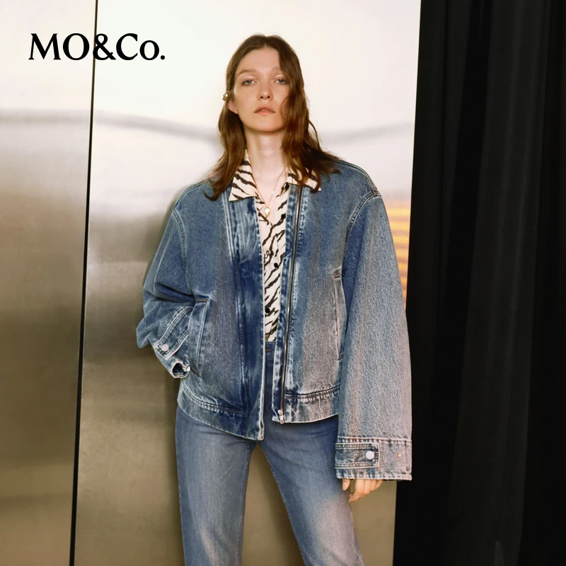 【达人专属】MOCO秋V领拉链短款棉质牛仔夹克外套MBD3JKTT11