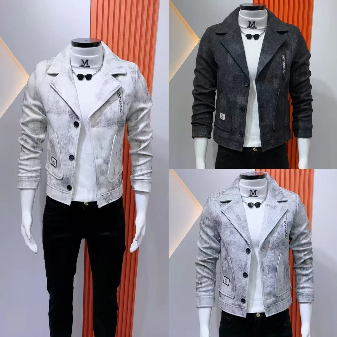 男士修身翻领呢子外套秋冬新款渐变水墨画休闲百搭短款外套痞帅褂