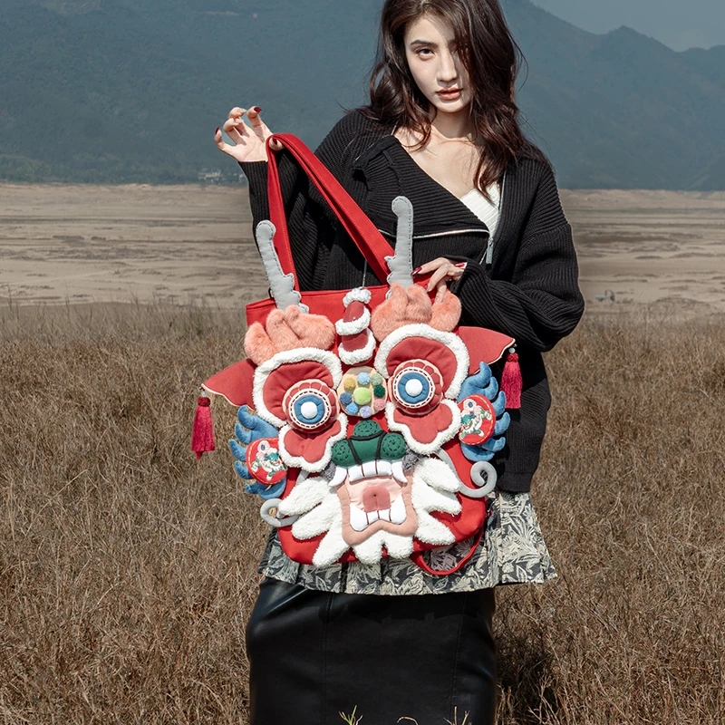 芽小七原创手工制作赤龙单肩包休闲女大容量斜挎包空气层面料