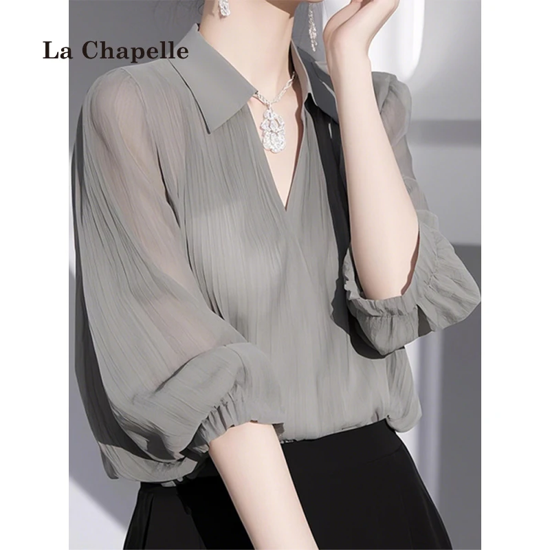 拉夏贝尔夏季高端欧货洋气独特别致漂亮法式减龄轻奢灰色小衬衫女