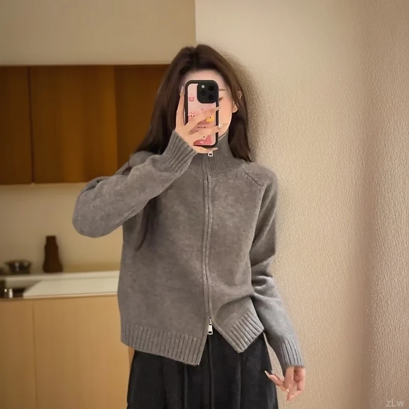 立领新款慵懒风毛衣外套女针织开衫拉链毛衣1888-26