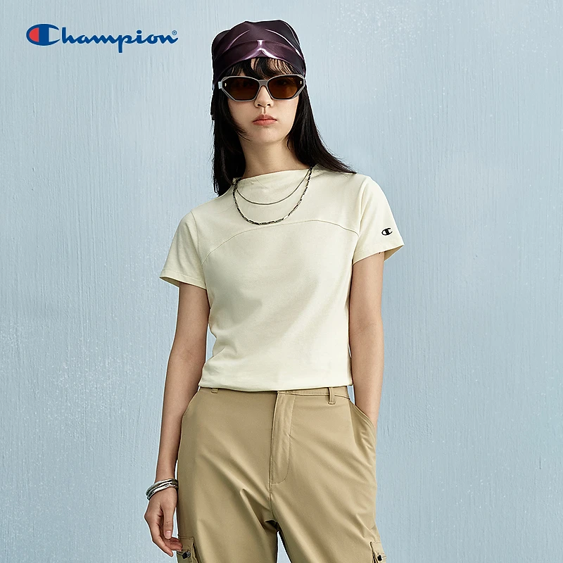 Champion冠军25春夏新款短袖T恤女纯色拼接设计感欧若风上衣休闲