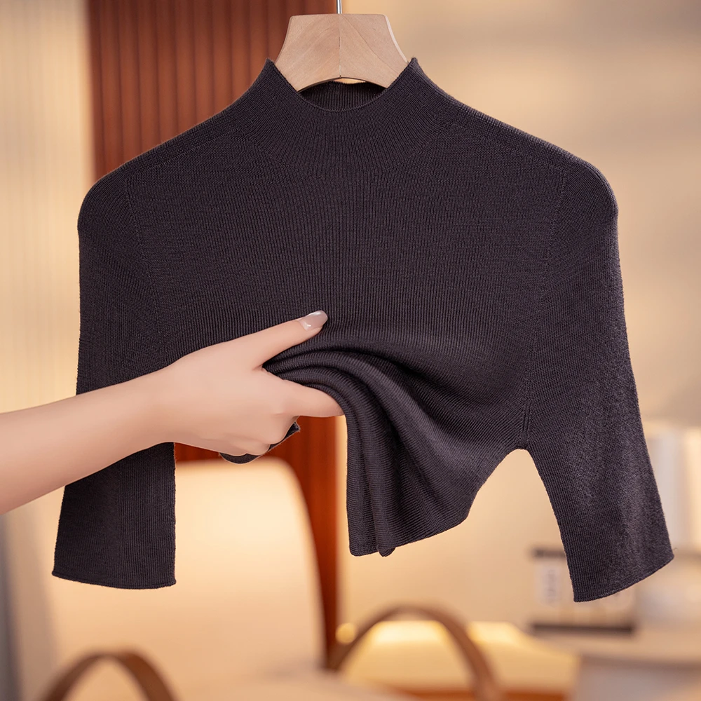 【一线成衣】精纺纯羊毛女士秋冬保暖弹力打底针织衫半高领短袖毛衣