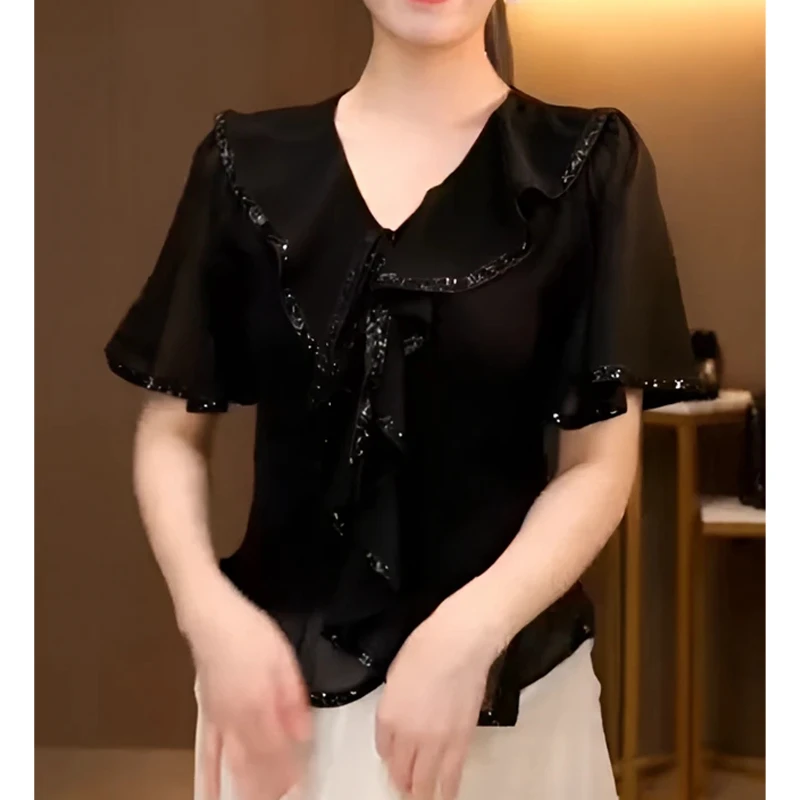 2025夏季新款法式黑色荷叶边V领小衫女设计感修身显瘦气质女上衣