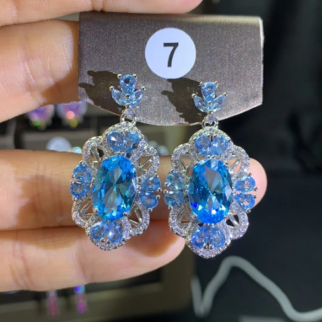 铜合金锆石耳饰 奢华优雅高贵气质冰花切豪镶耳钉7精美蓝色