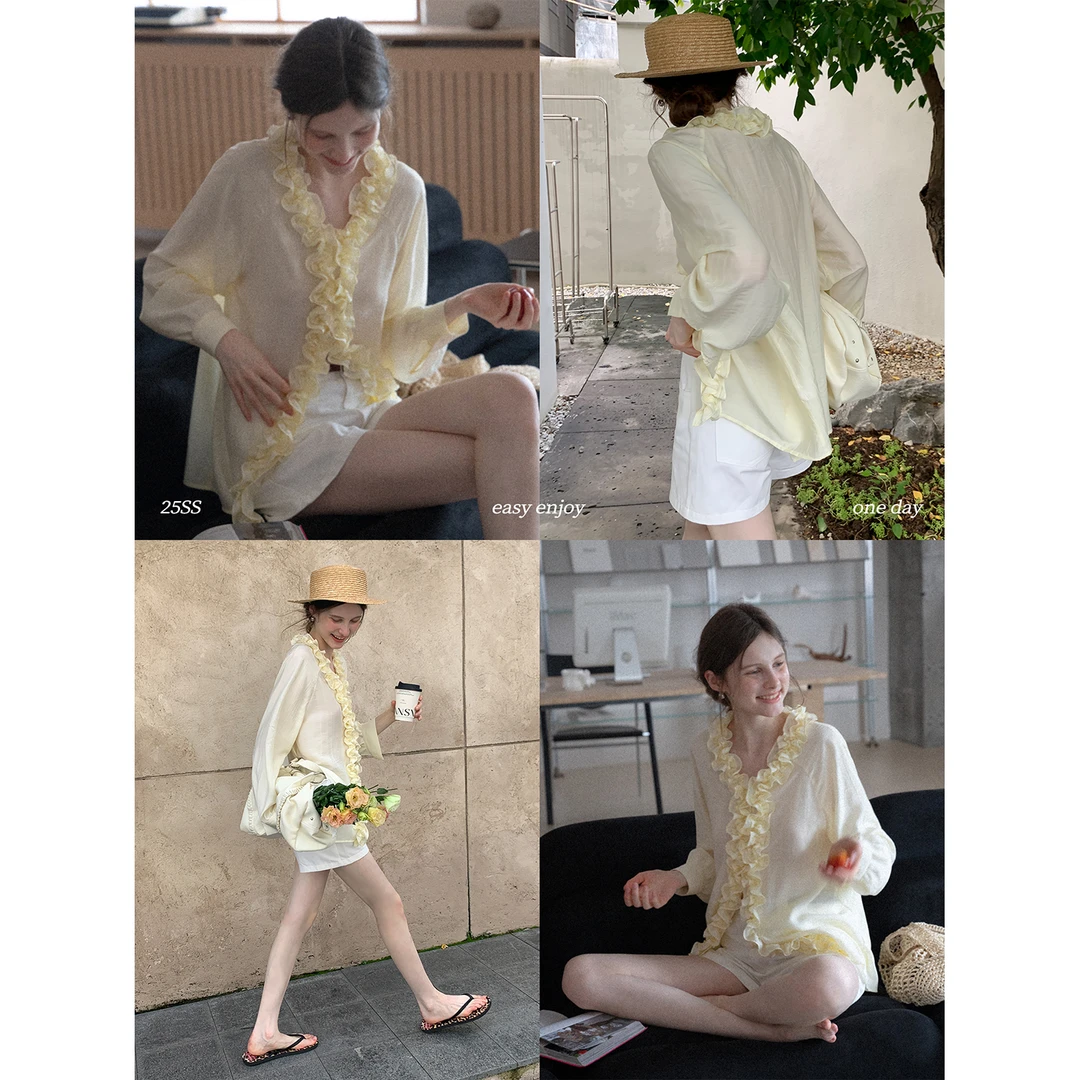 EGGKA 【现现】花边时尚宽松衬衫女小众气质显瘦上衣 E25A6519AF
