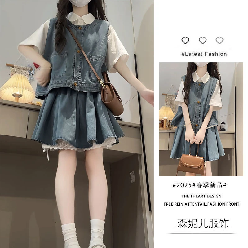 夏季穿搭2025新款娃娃领短袖衬衫叠穿牛仔马甲显瘦牛仔短裙三件套