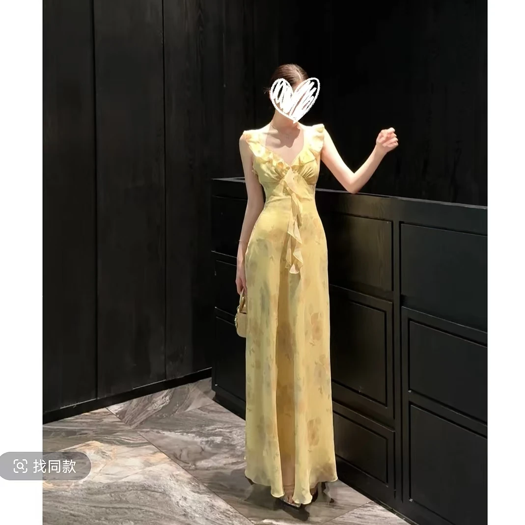 夏季新款仲夏花园奶油黄法式荷叶边连衣裙女长裙86207