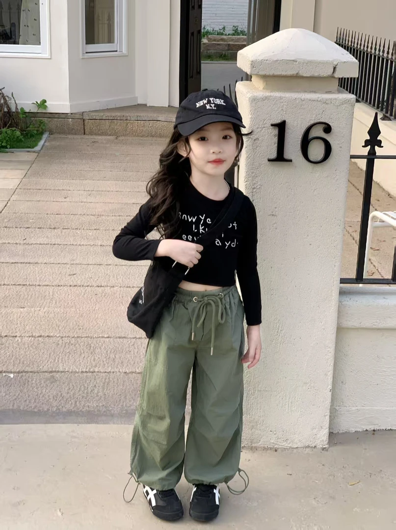 女童T恤2025春秋新款韩版字母印花短T辣妹风长袖洋气 休闲工装裤