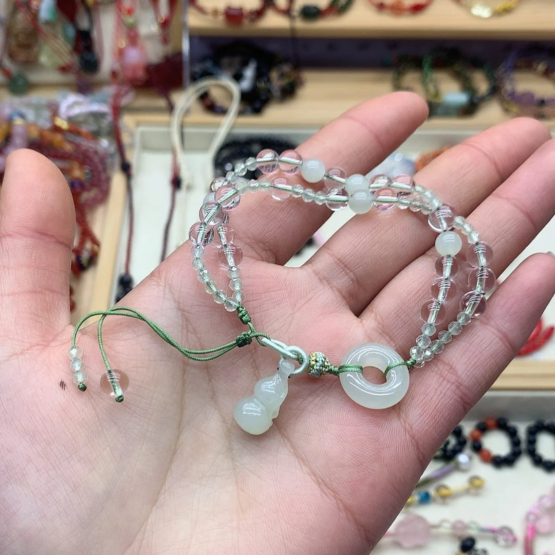 和田玉手绳未镶嵌沁**璃平安扣葫芦全珠款手绳