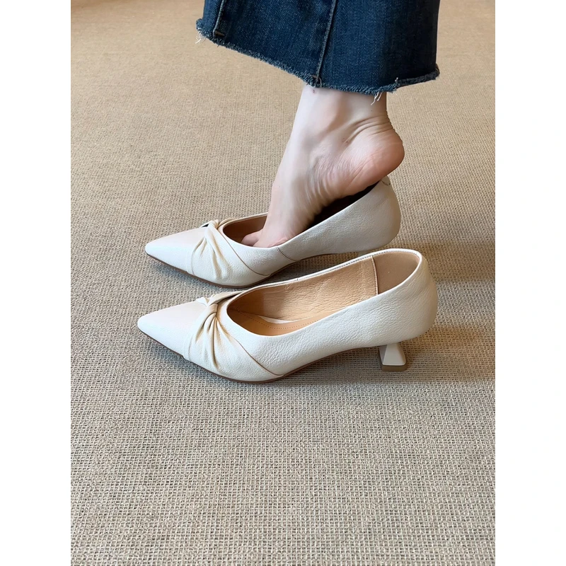 nnmiss·33-40/5cm气质优雅尖头纽结褶皱浅口高跟百搭通勤时尚单鞋
