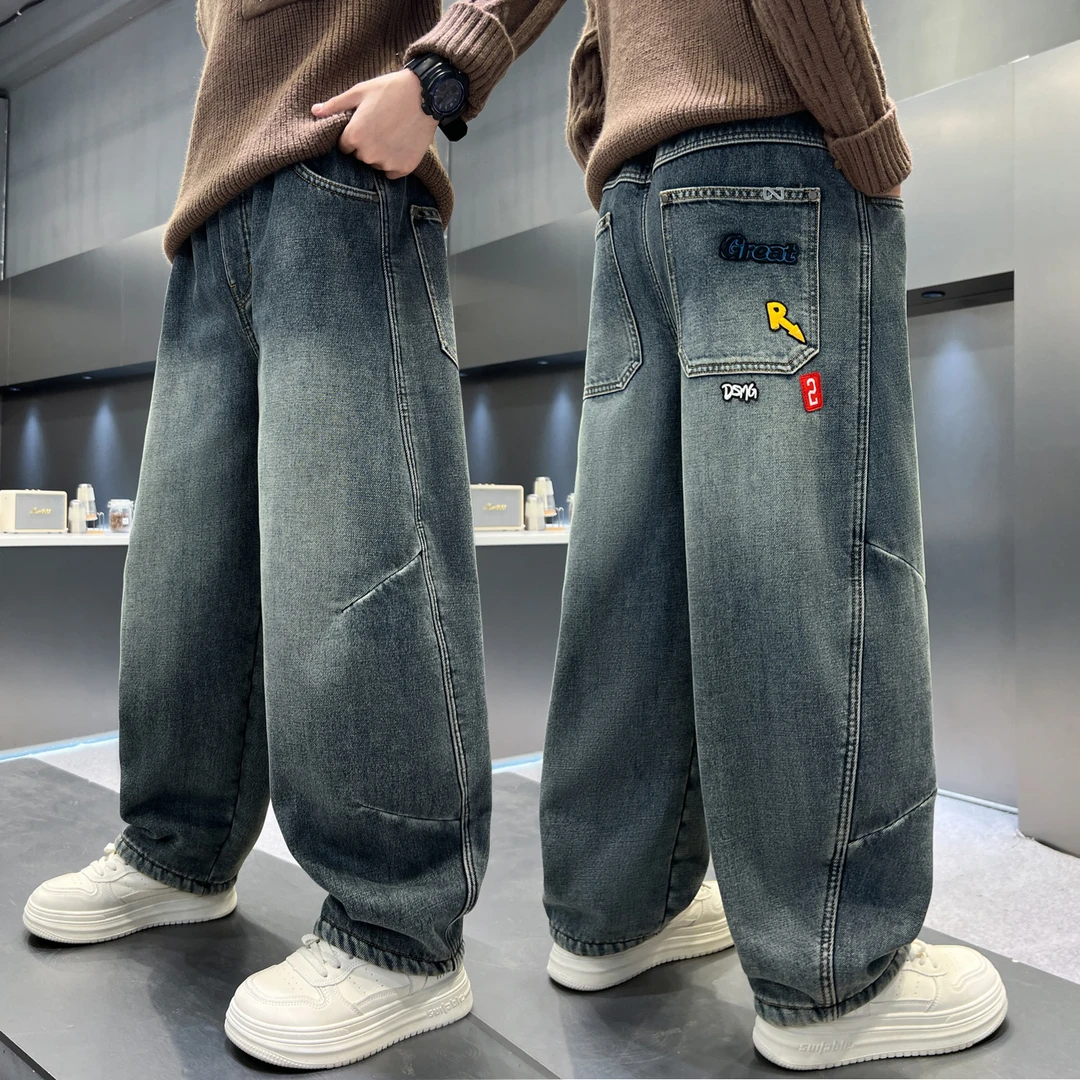 男童裤子春秋款2026新款秋冬牛仔一体加绒加厚大儿童休闲长裤冬季