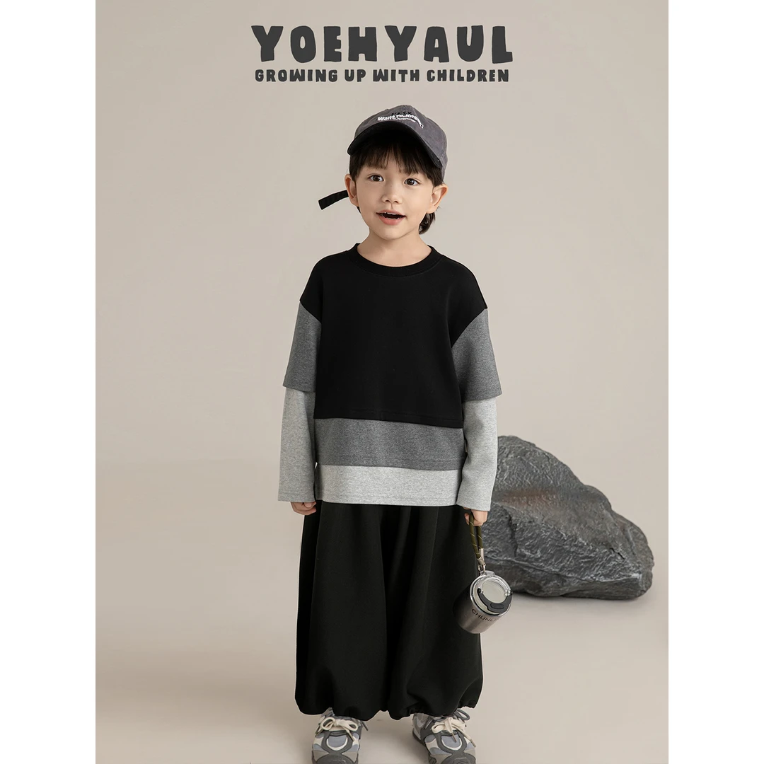 幼悠男童2025秋季新款简约拼接长袖t恤宽松时髦百搭儿童上衣N7160