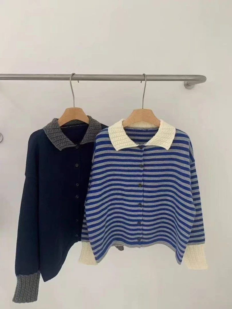 韩版拼色翻领条纹针织开衫女2025秋冬季新款宽松软糯百搭毛衣外套