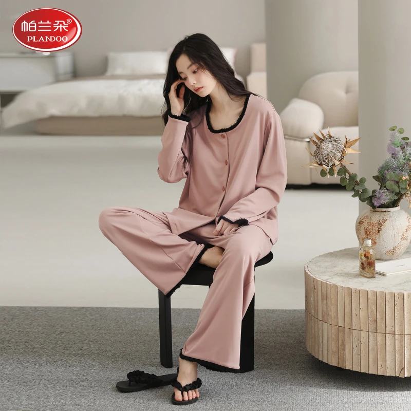 帕兰朵纯棉睡衣女春秋季长袖甜美开衫2025新款休闲简约家居服套装