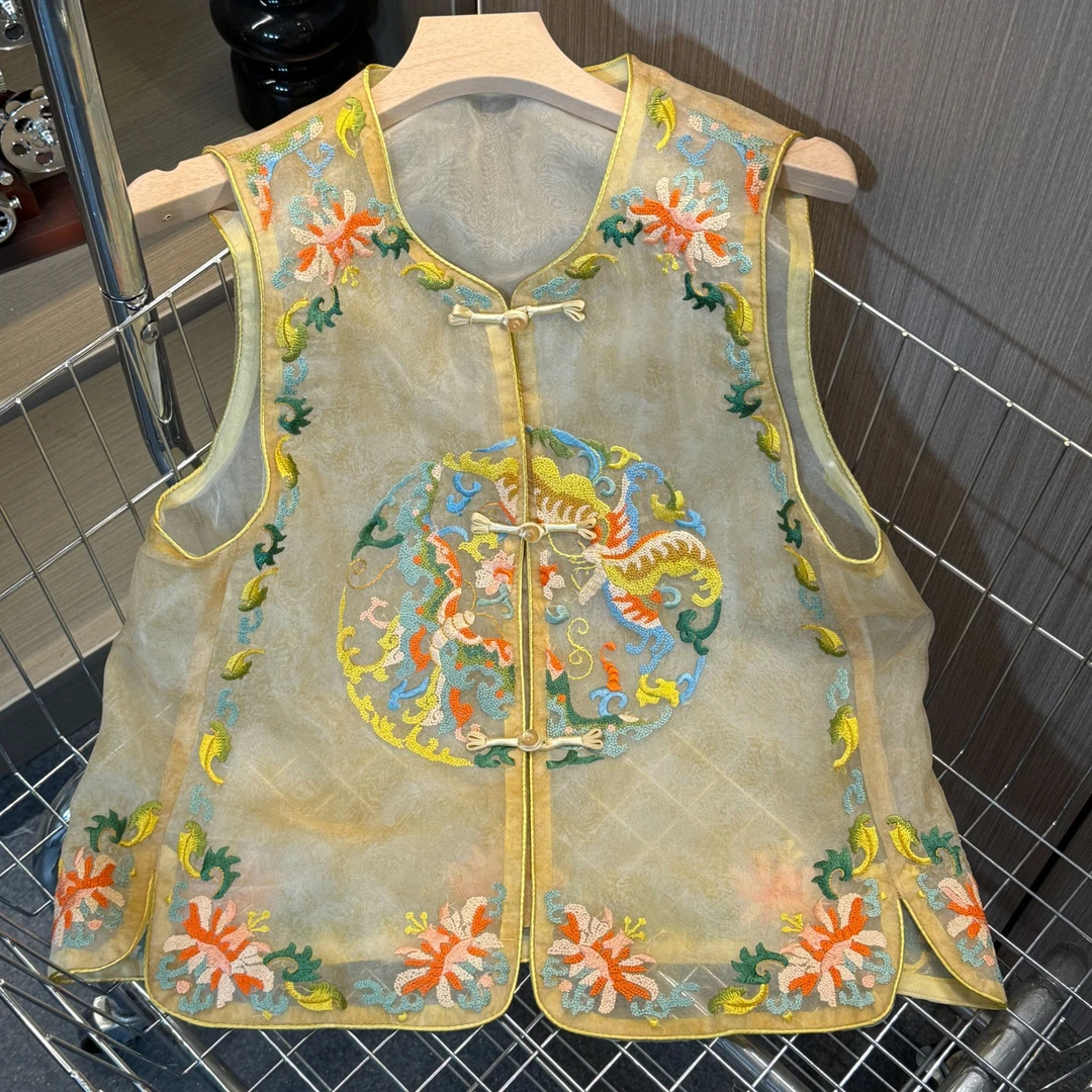 【花满林】夏季刺绣两色圆领撞色辑边正门襟打籽绣马夹新中式马甲