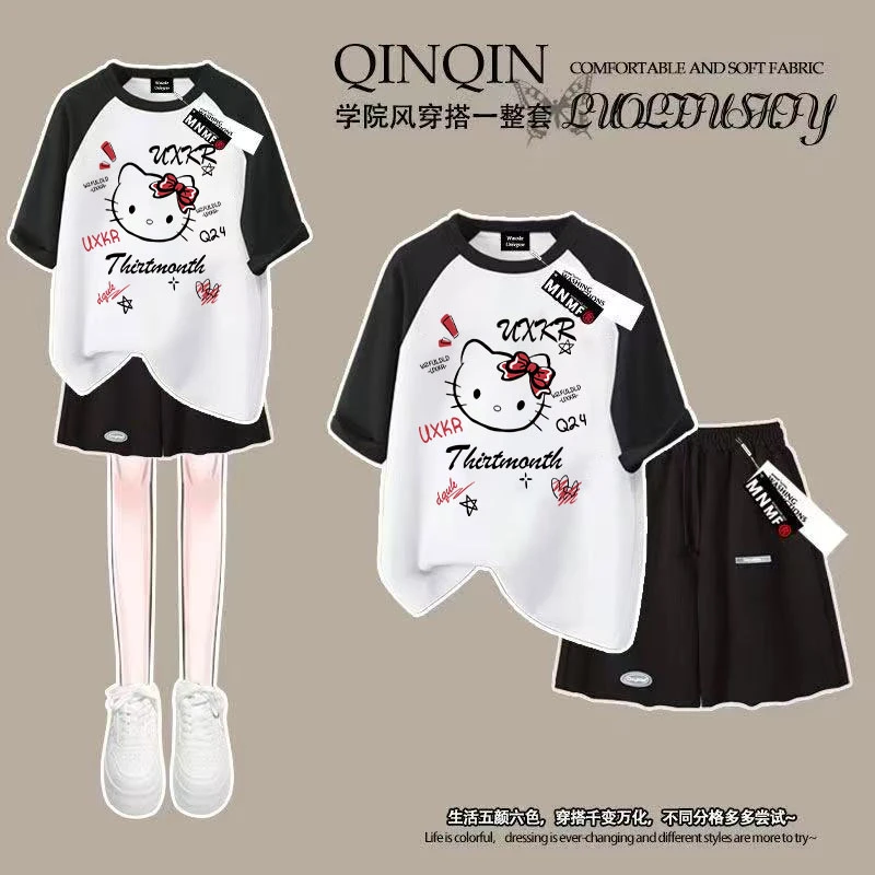女童纯棉插肩短袖短裤套装夏季新款凯蒂猫韩版中大童运动裤两件套