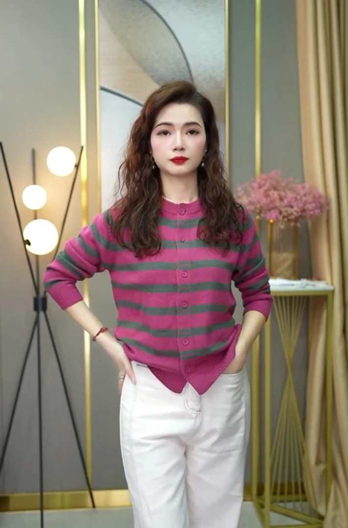 【老板娘专属】圆领条纹撞色针织开衫女士春季时尚百搭休闲长袖外套