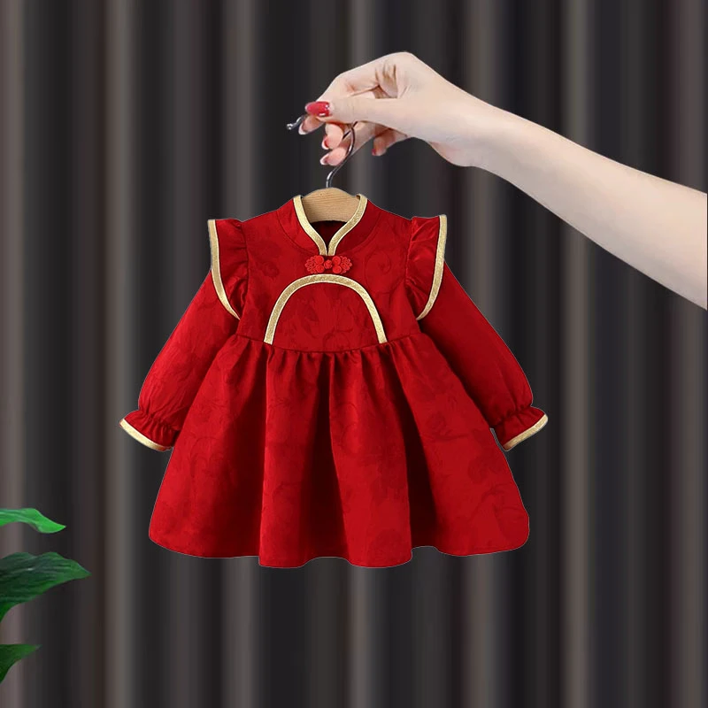 女童旗袍春秋秋季国风汉服连衣裙周岁礼服抓周服唐装长袖公主裙