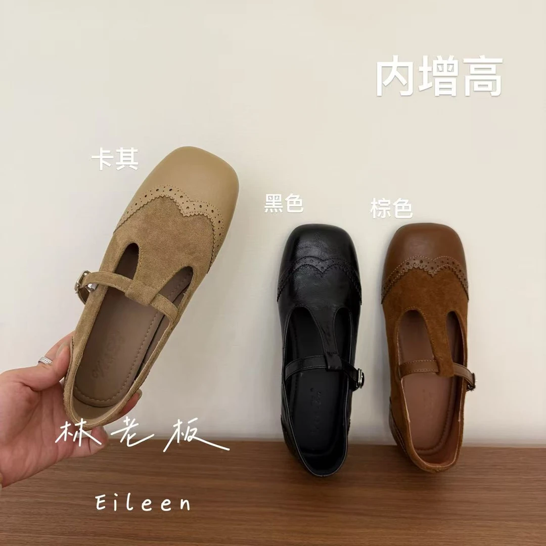 秋季方头玛丽珍鞋平底单鞋女鞋内增高浅口复古女鞋 9285-20