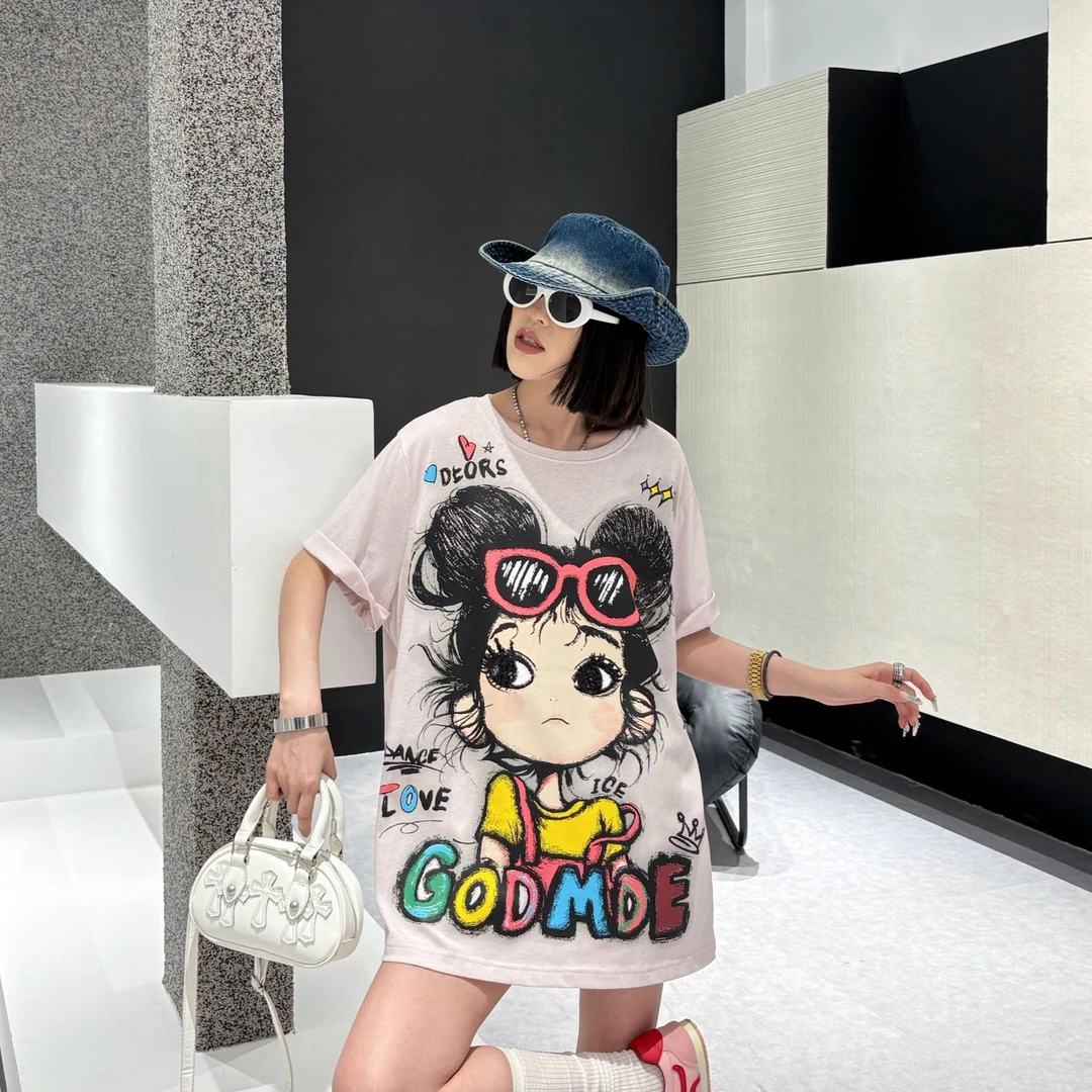 D7870夏季新款时尚冰感丸子头女孩印花中长款短袖T恤