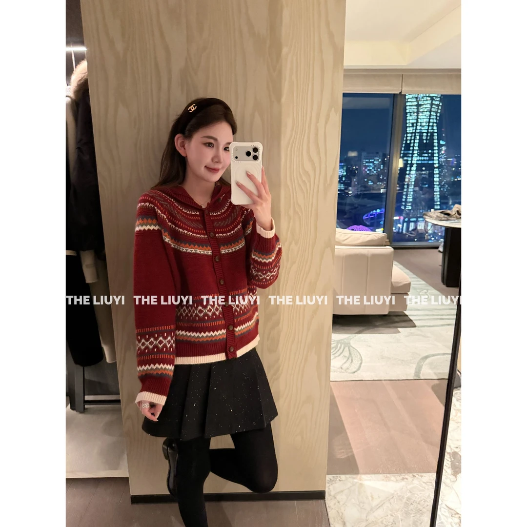 【LIUYI】冬季全羊毛费尔岛连帽开衫毛衣511263