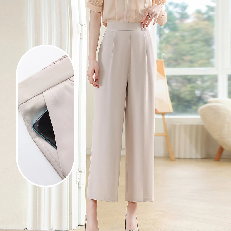 中年女式妈妈直筒裤夏季纯色婆婆气质九分薄款高腰裤百搭裤子女