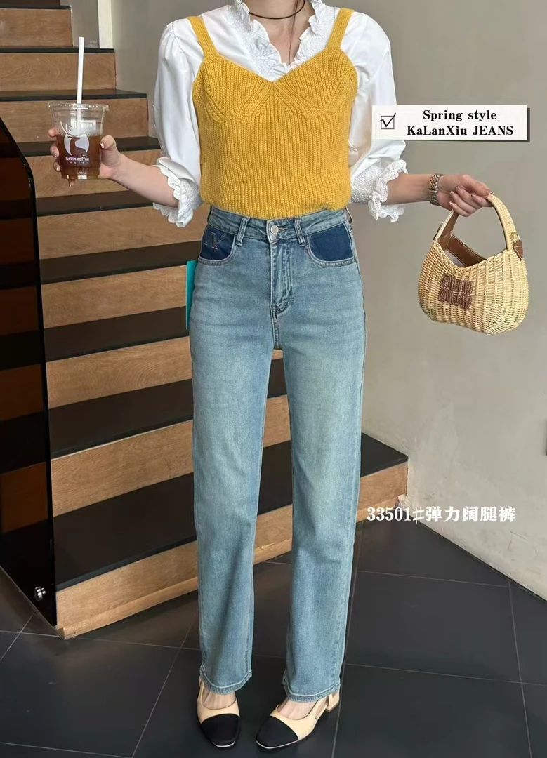 【JJ严选】•33501直筒牛仔裤女弹力设计感小众烟管裤春秋百搭潮流
