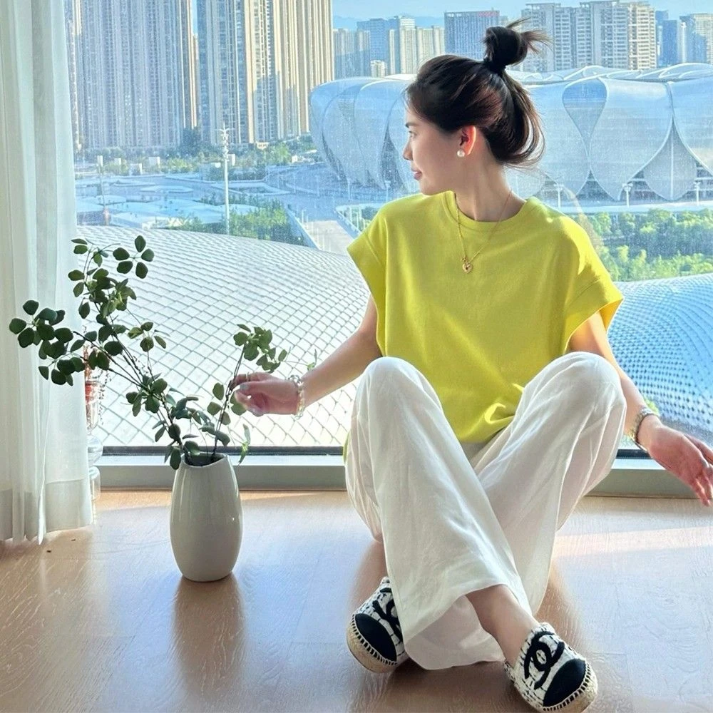 显白青柠绿色圆领宽松短袖T恤女夏多巴胺穿搭减龄小飞袖遮肉上衣