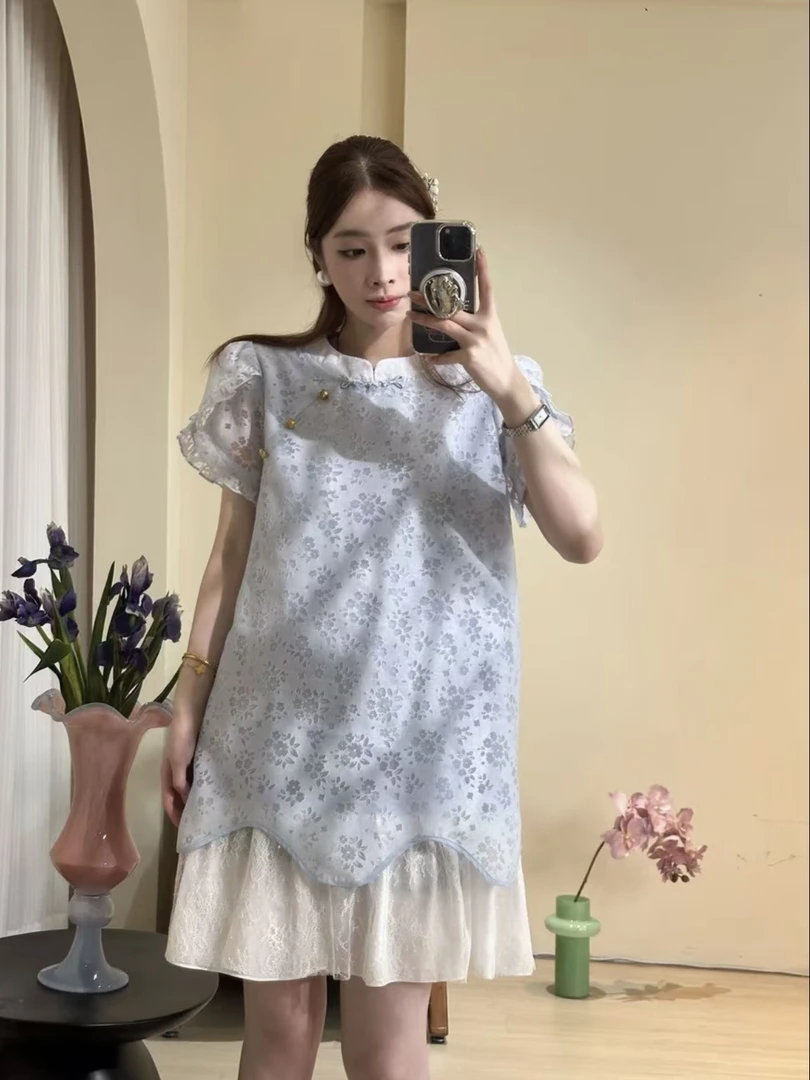 十一原创【蓝月仙子】连衣裙 新中式盘扣蕾丝拼接微胖显瘦