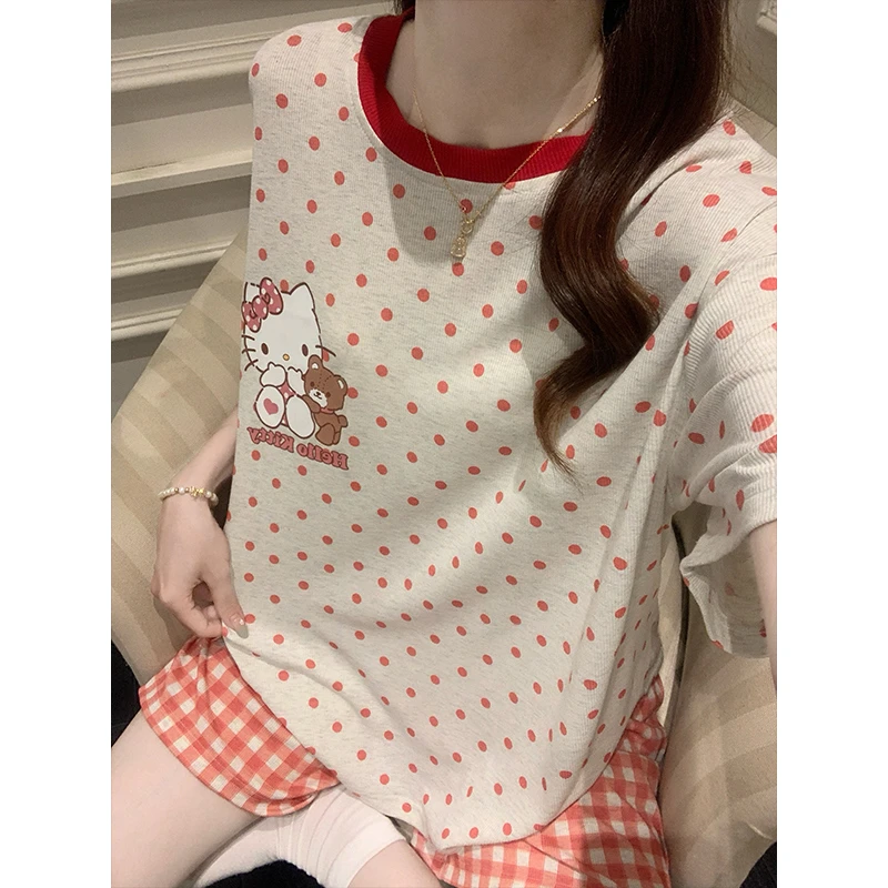 夏季彩棉螺纹卡通KT猫短袖睡衣女2025新款甜美可爱少女家居服套装