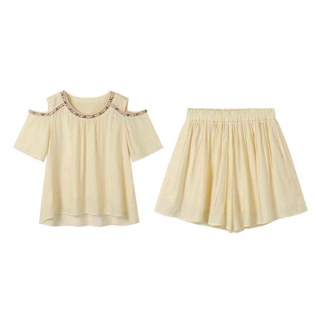 【奢姿】大码女装2025夏季减龄露肩休闲两件套胖妹妹织带时尚套装