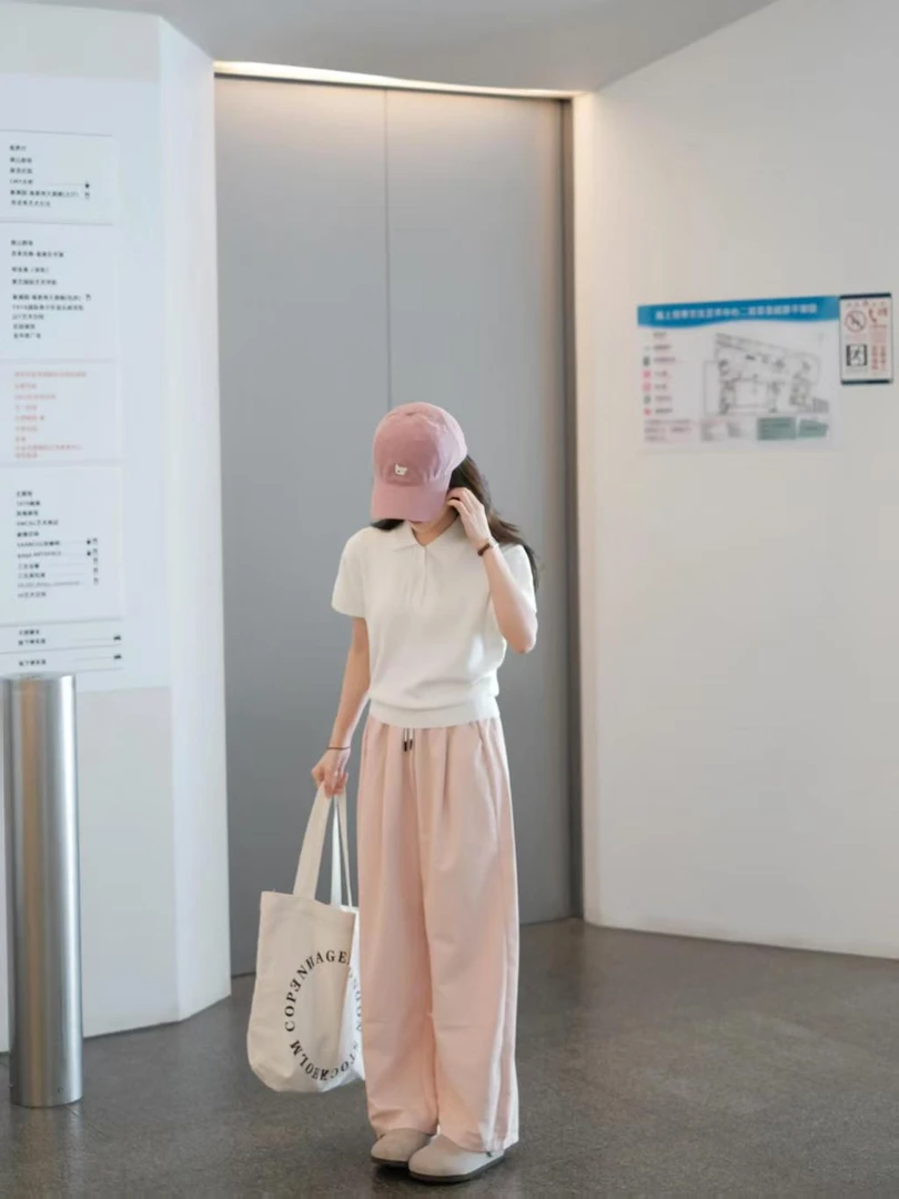 2025春夏新款韩系白色正肩翻领针织短袖t恤高腰休闲粉色休闲裤