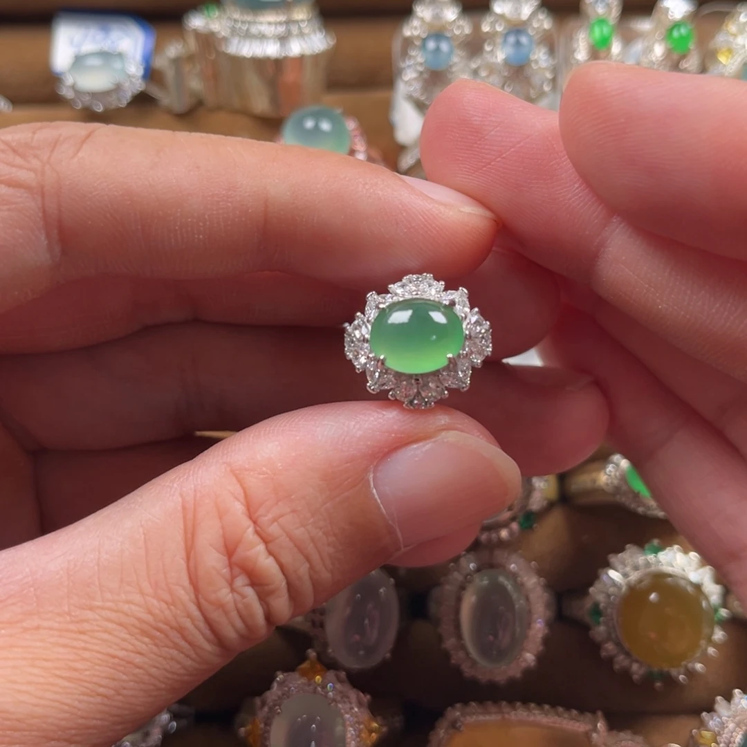 翡翠戒指银S925镶嵌缅甸翡翠A货