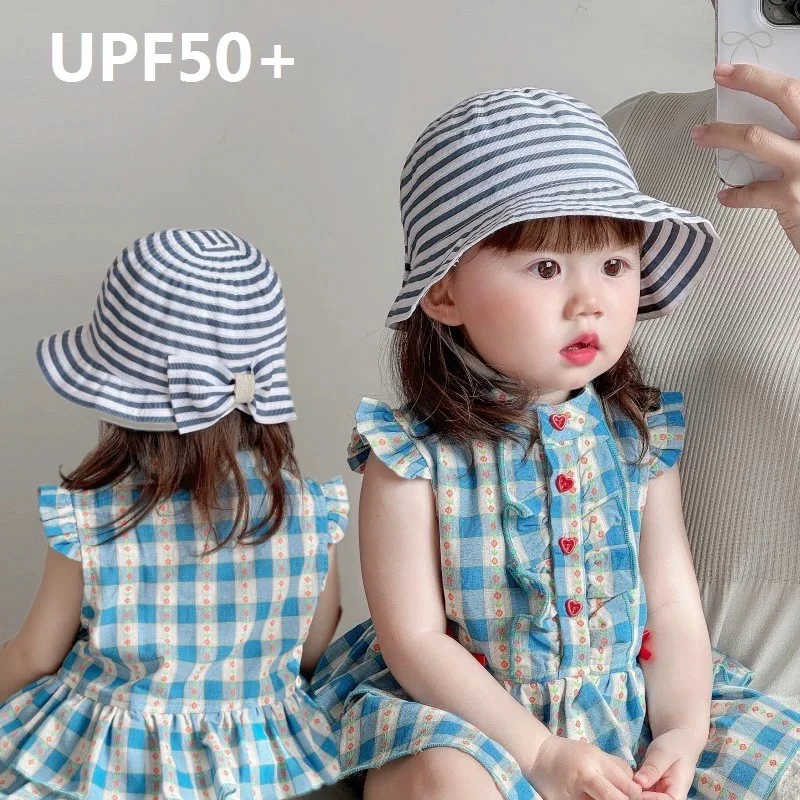 女宝宝遮阳帽子夏季韩版条纹婴儿防晒帽透气大檐渔夫帽女童太阳帽