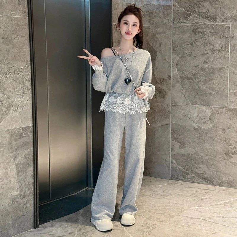 新款秋季穿搭一整套女装爆款蕾丝拼接卫衣上衣阔腿裤套装两件套女