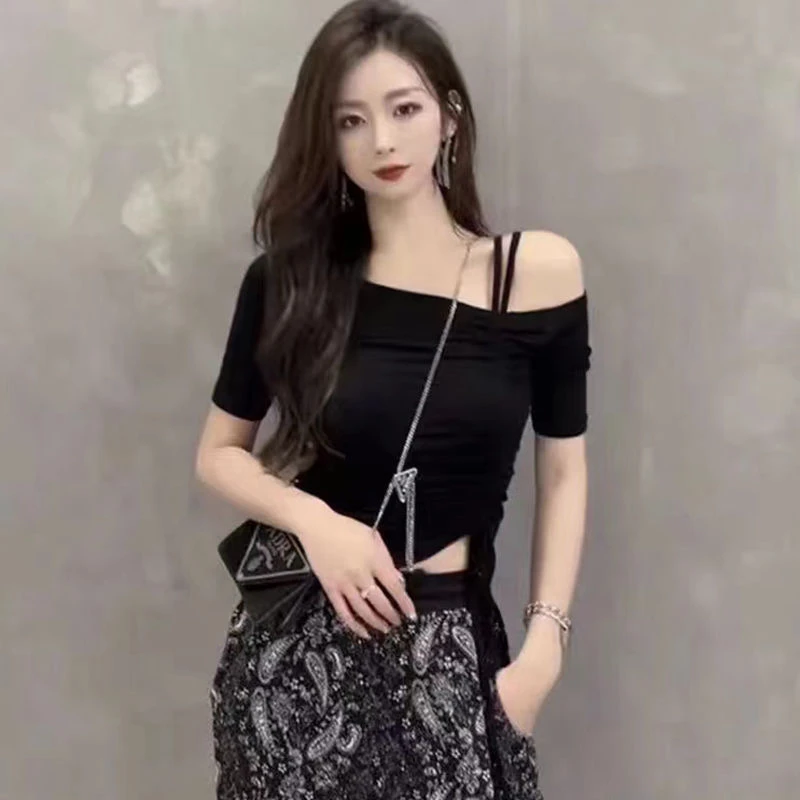 露肩抽绳短袖T恤女夏季2024新款别致辣妹锁骨一字肩上衣纯欲短款