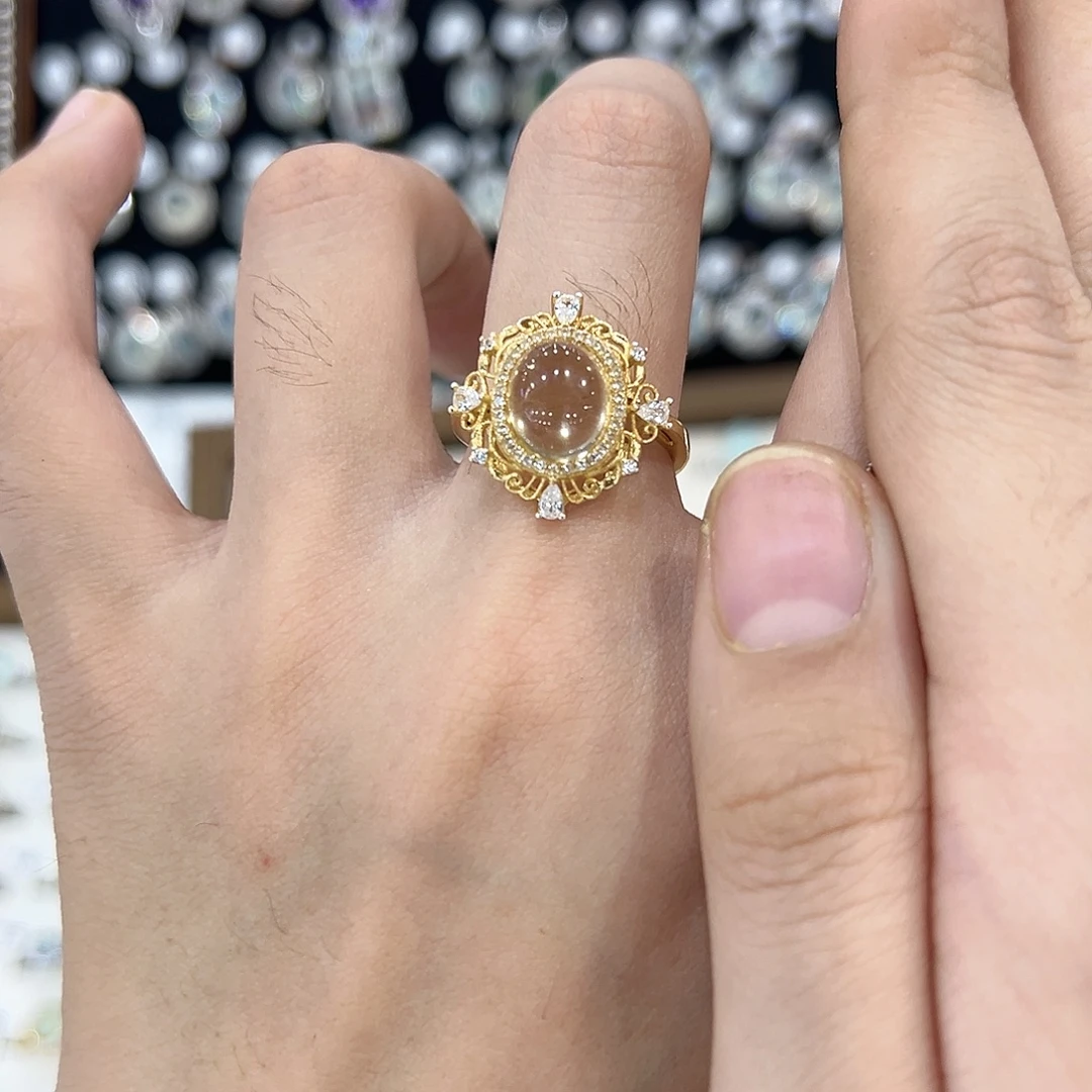 琴***女蛇纹石玉银S925镀金镶嵌戒指