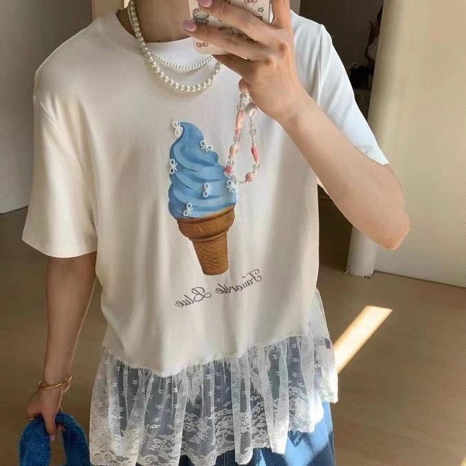自留！必留！!25春夏韩代新款立体蝴蝶结减龄可爱冰淇淋蕾丝拼接T恤