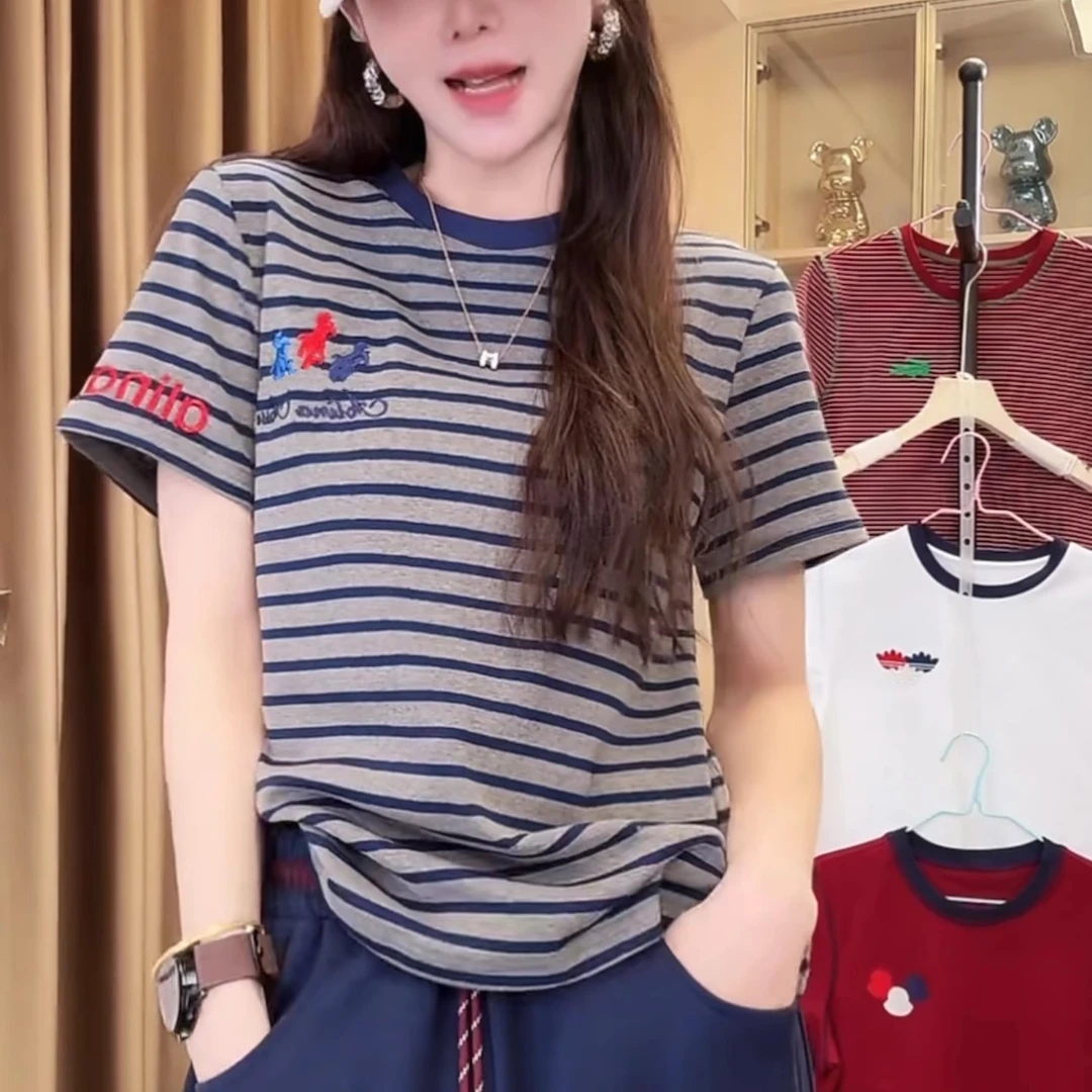 字母刺绣条纹短袖T恤女2025夏季新款洋气休闲装百搭显瘦圆领上衣