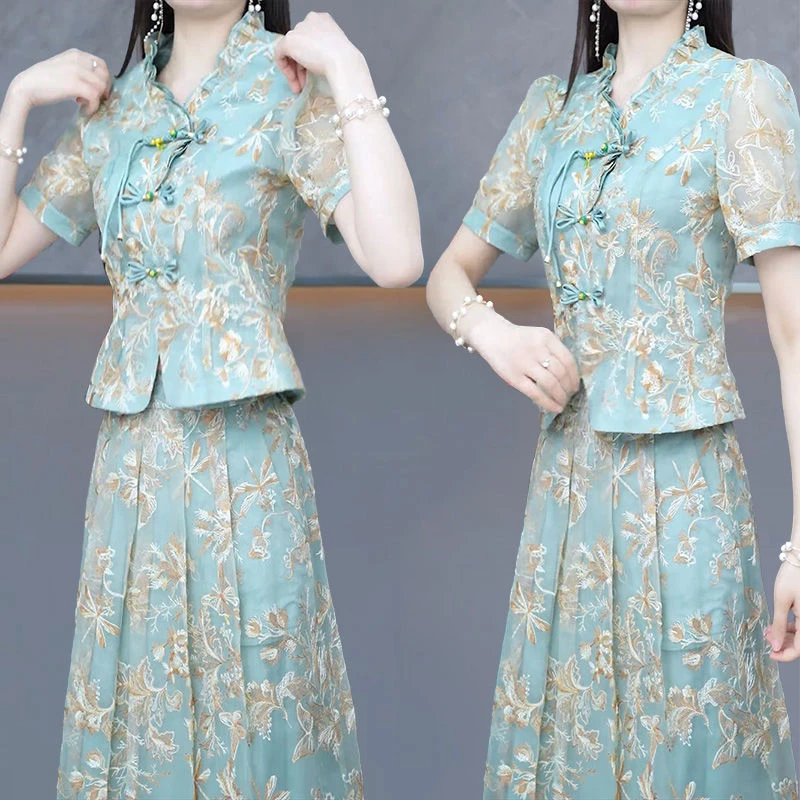 中式国风两件套女2025夏季新款洋气修身显瘦遮肉时尚A字裙套装女