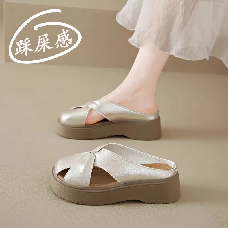 卓诗尼芙妮夏季法式圆头一字带单鞋2025夏内增高玛丽珍包头拖鞋女
