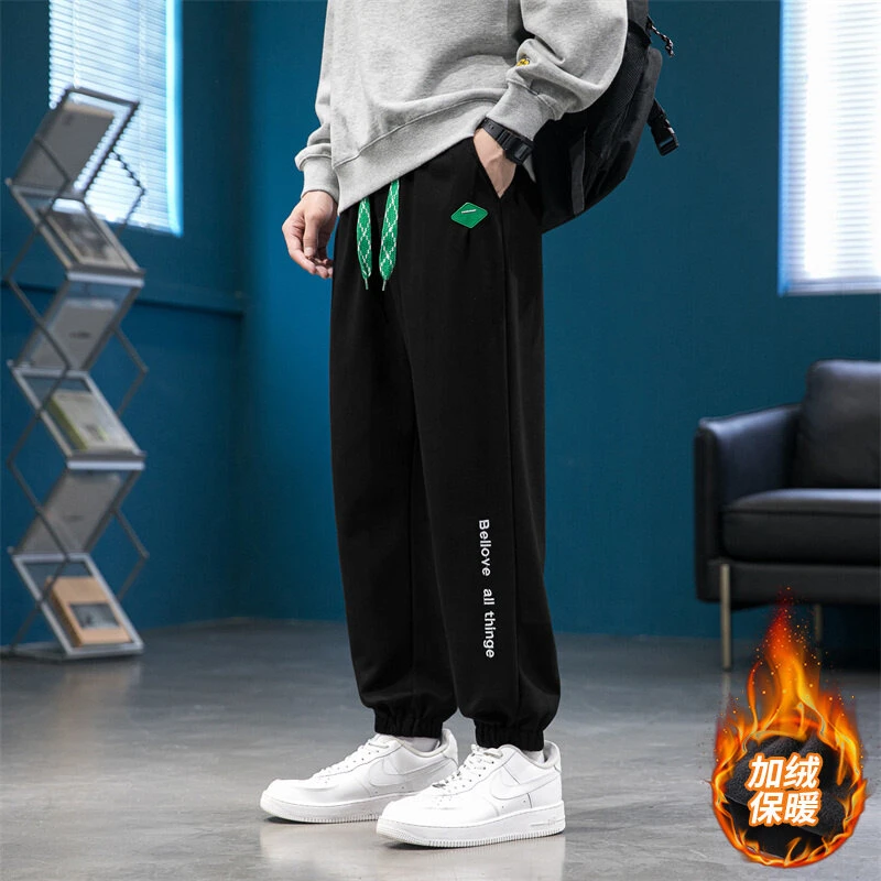 秋冬季简约风潮流阔腿裤加绒大码美式休闲裤子加厚ins百搭卫裤男