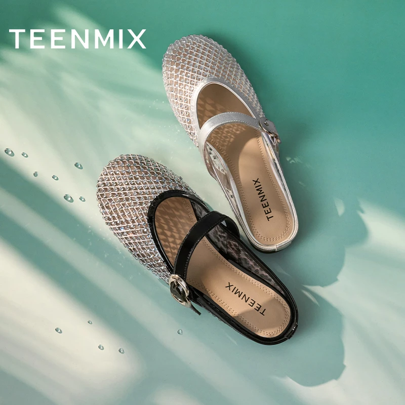 天美意2025夏新款时尚芭蕾风平底舒适网纱透气女穆勒鞋KT079BH5