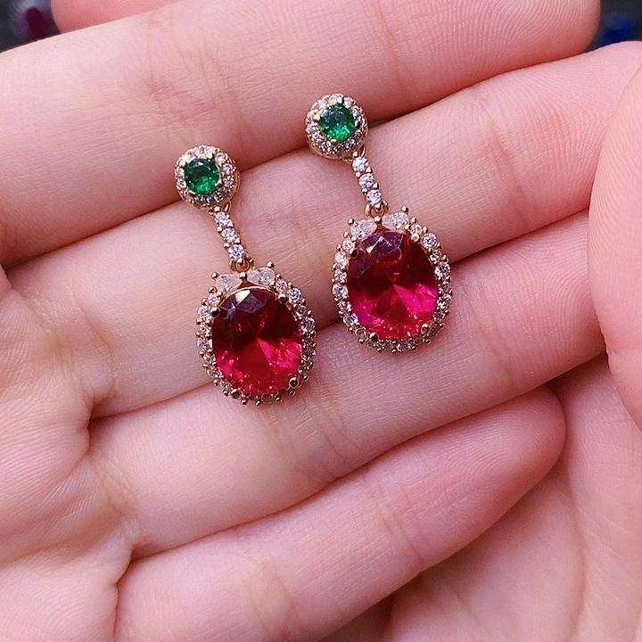 银S925镶嵌红宝石耳饰