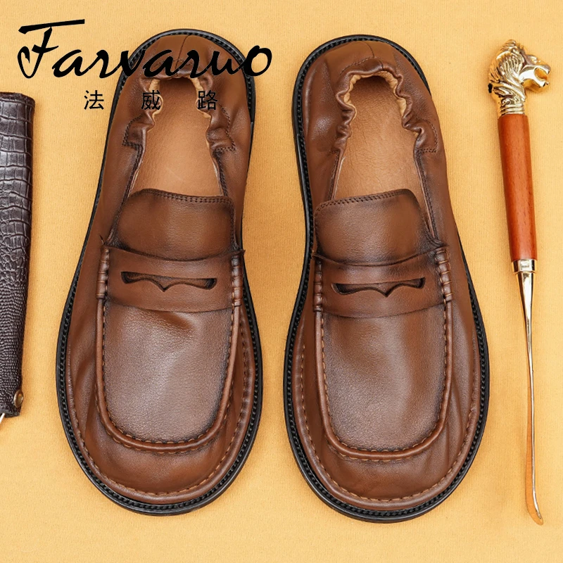 软面皮鞋男真皮2025夏季透气英伦休闲一脚蹬懒人松紧带便式乐福鞋