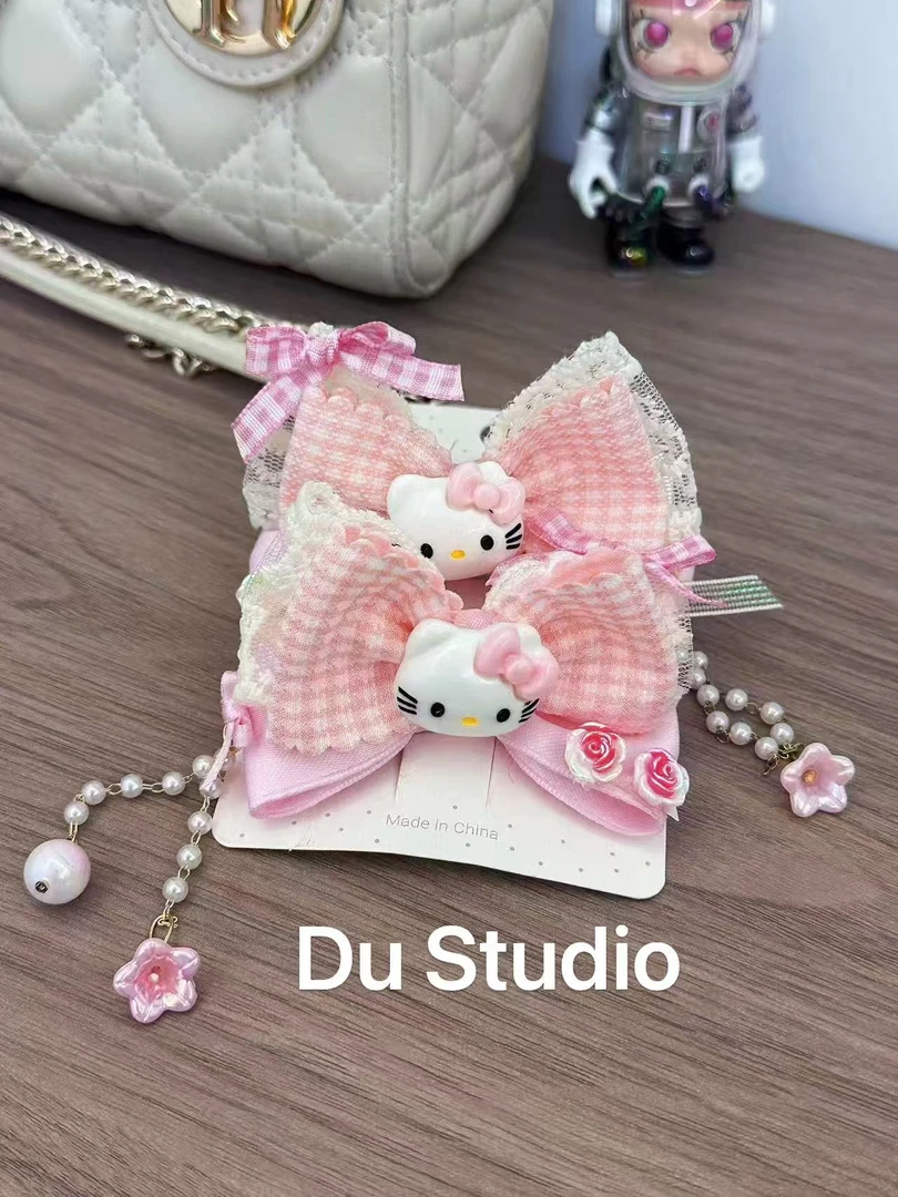 儿童发饰可爱HelloKitty猫咪珍珠琉璃挂坠手工发夹